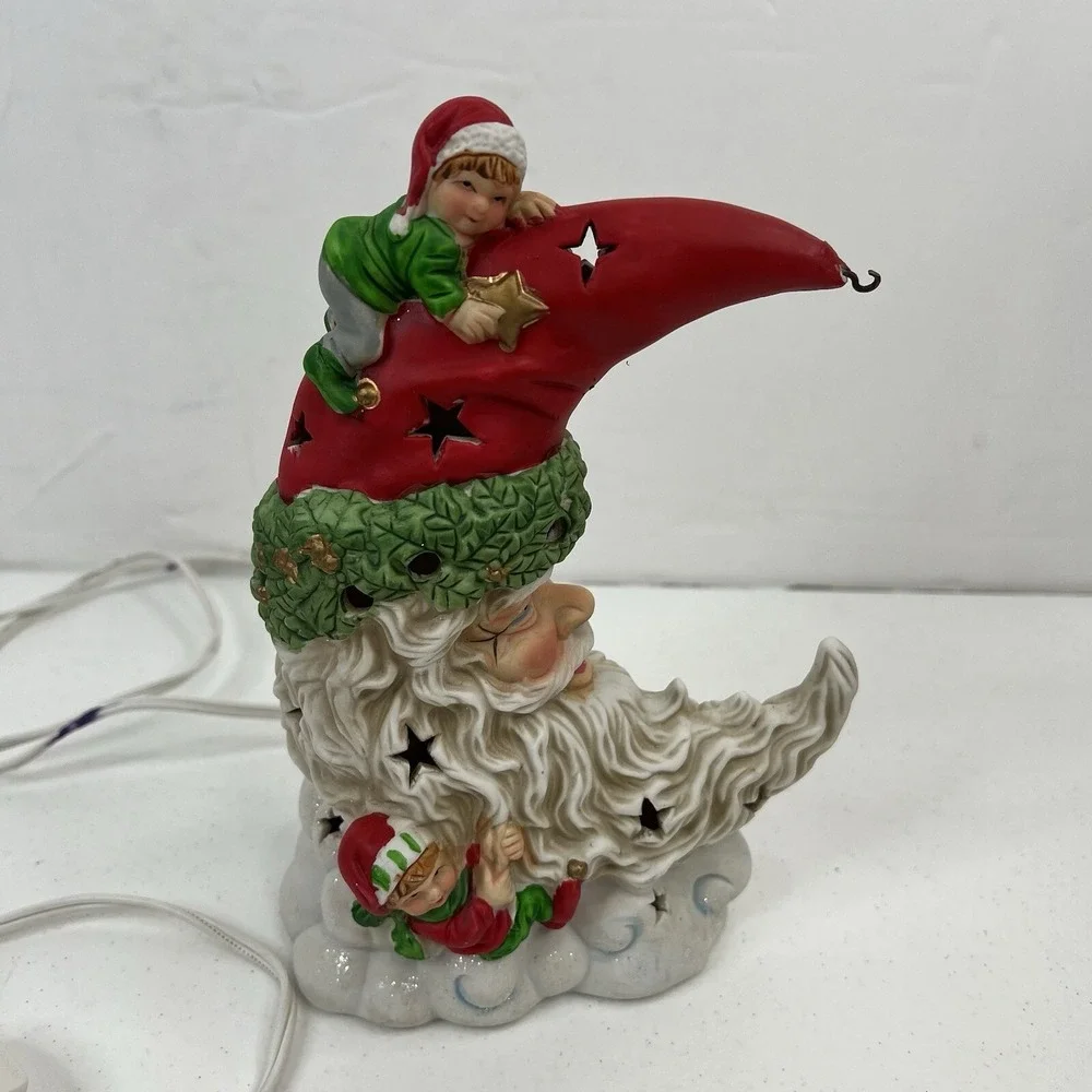 Vintage Santa Moon Night Light Ceramic Christmas Elf Star Cutouts Decor WORKS